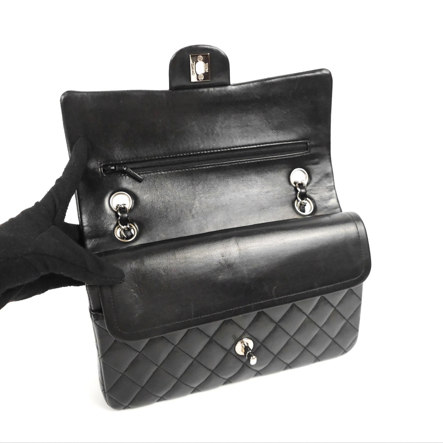 Chanel Classic M/L Medium Flap Quilted Black Lambskin Silver Hardware
