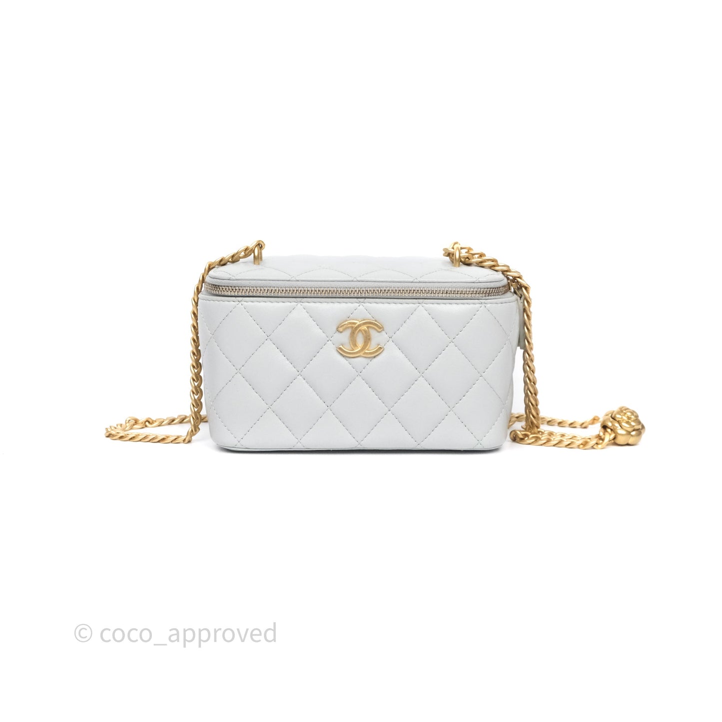 Chanel Quilted Vanity Rectangular with Camellia Adjustable Chain Blue Grey Lambskin Aged Gold Hardware