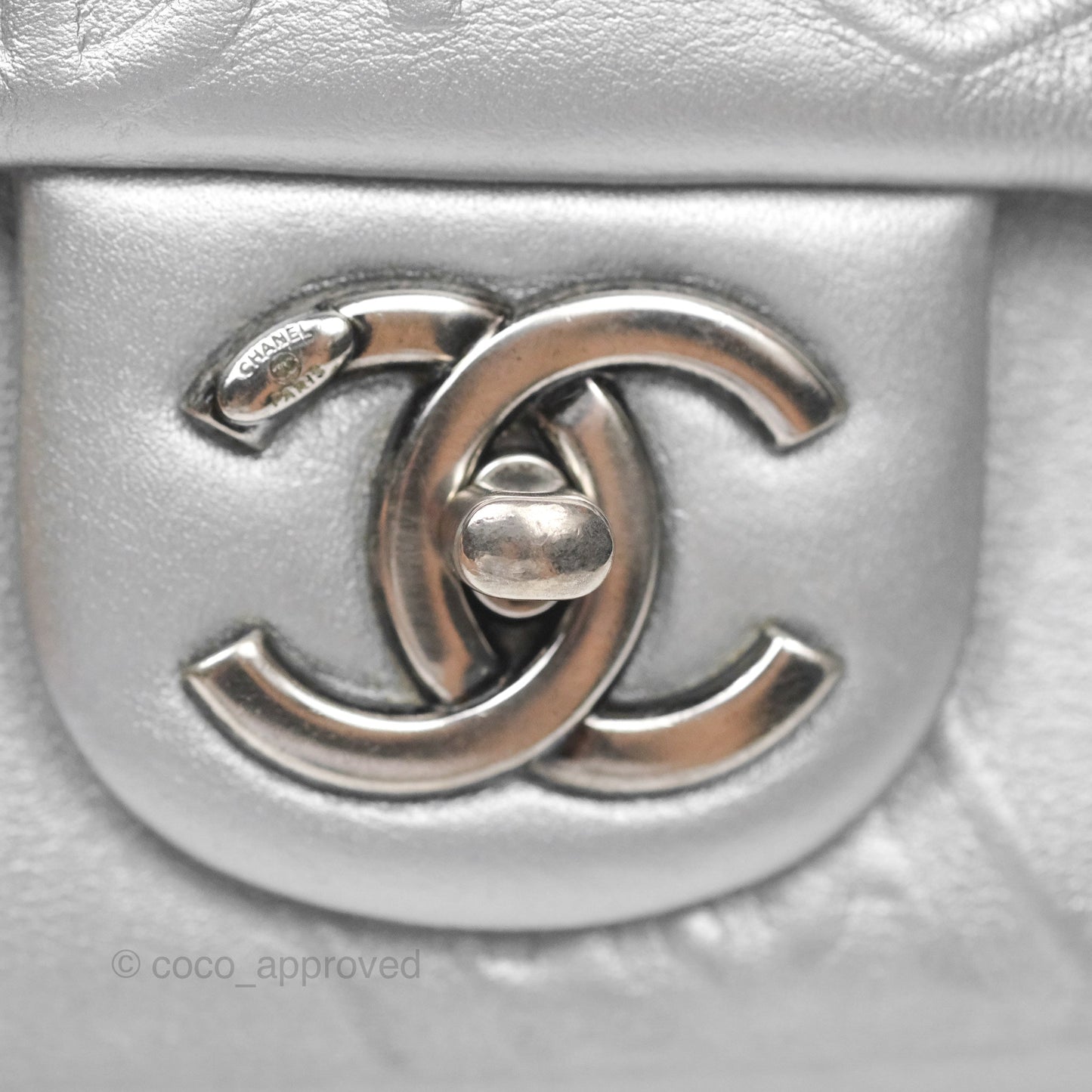 Chanel Medium Single Flap Embossed Metallic Silver Lambskin Ruthenium Hardware