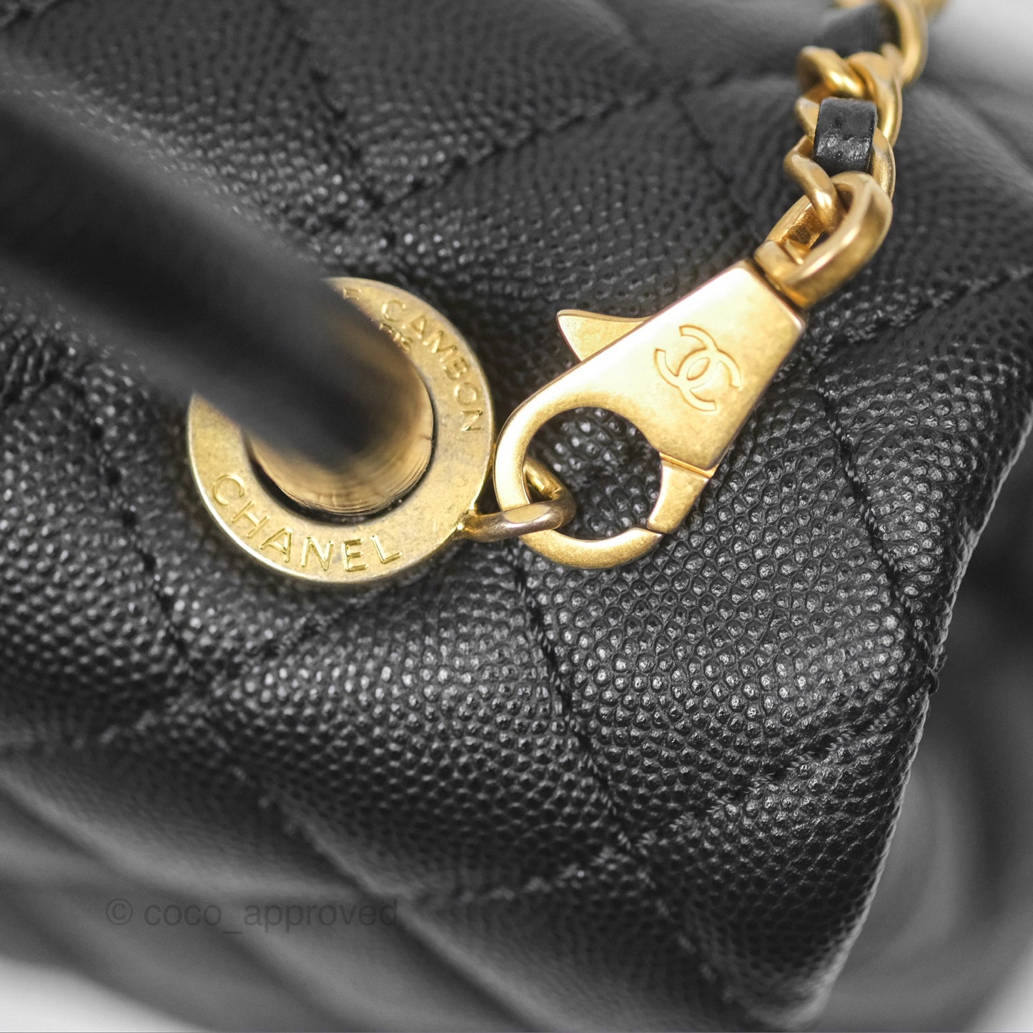 Chanel Small Coco Handle Quilted Black Caviar Aged Gold Hardware Lizard Handle