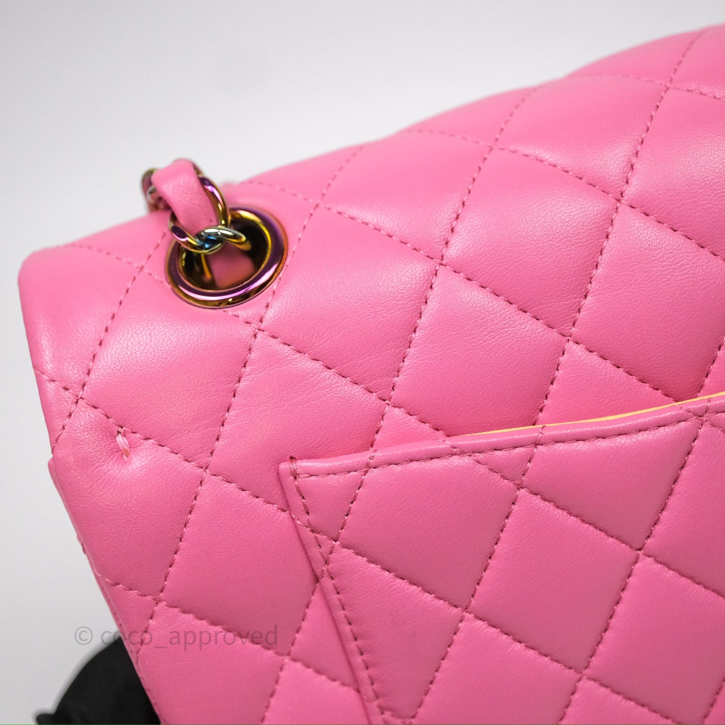 Chanel Small Classic Flap Quilted Pink Lambskin Rainbow Hardware