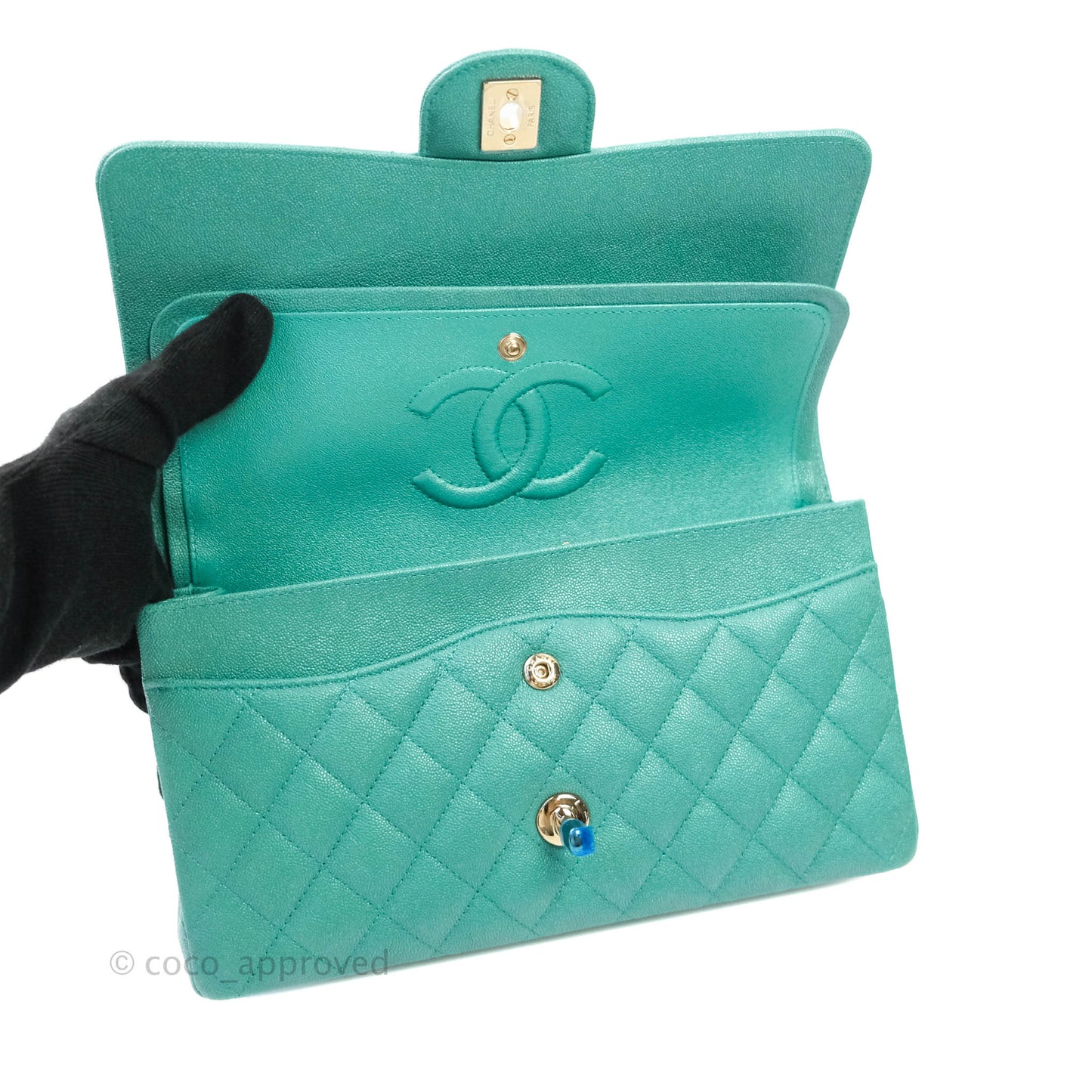 Chanel Classic M/L Medium Double Flap Iridescent Turquoise Caviar Gold Hardware 19S