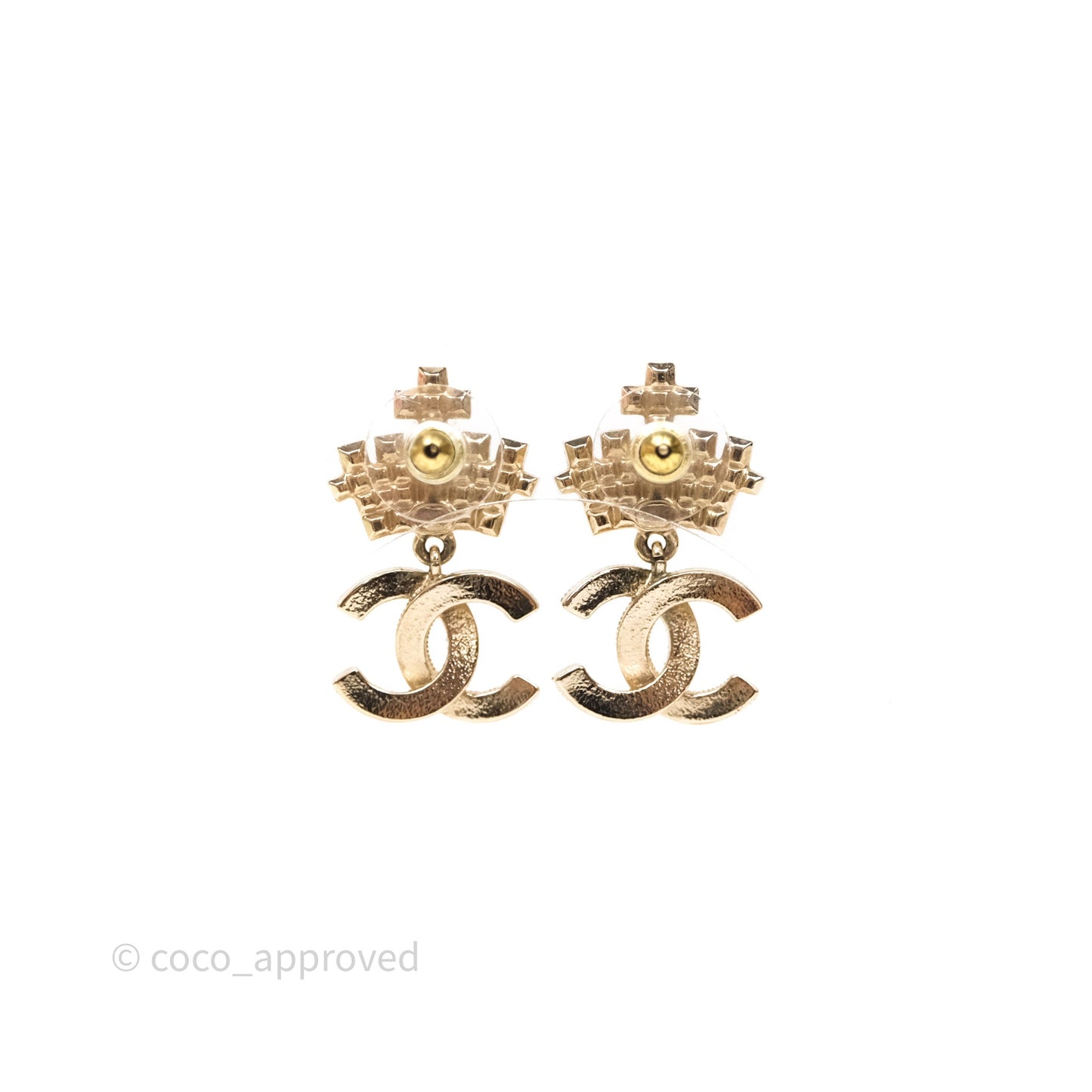 Chanel Black Resin Pearl Crown CC Drop Earrings Gold Tone 21A