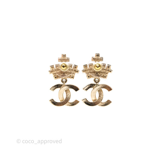 Chanel Black Resin Pearl Crown CC Drop Earrings Gold Tone 21A