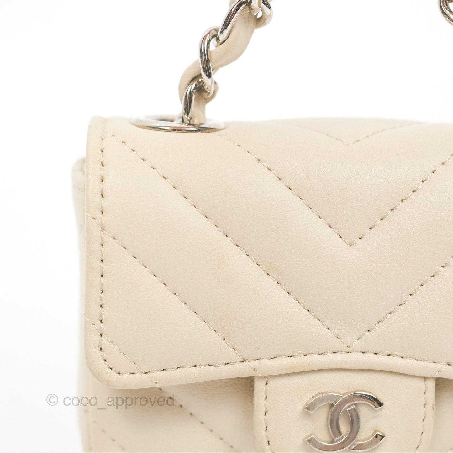 Chanel Mini Card Holder Chain Belt Bag Chevron Ivory Calfskin Silver Hardware