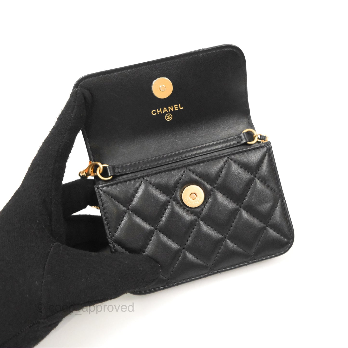Chanel Pearl Crush Mini Clutch With Chain Black Lambskin Aged Gold Hardware