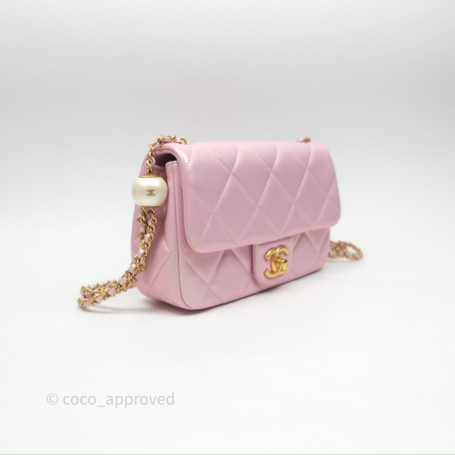 Chanel Mini Flap Bag With Pearl Adjustable Chain Iridescent Pink Lambskin Aged Gold Hardware