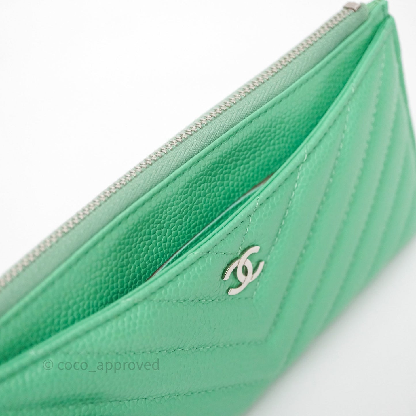 Chanel Long Zip Chevron Green Wallet Silver Hardware