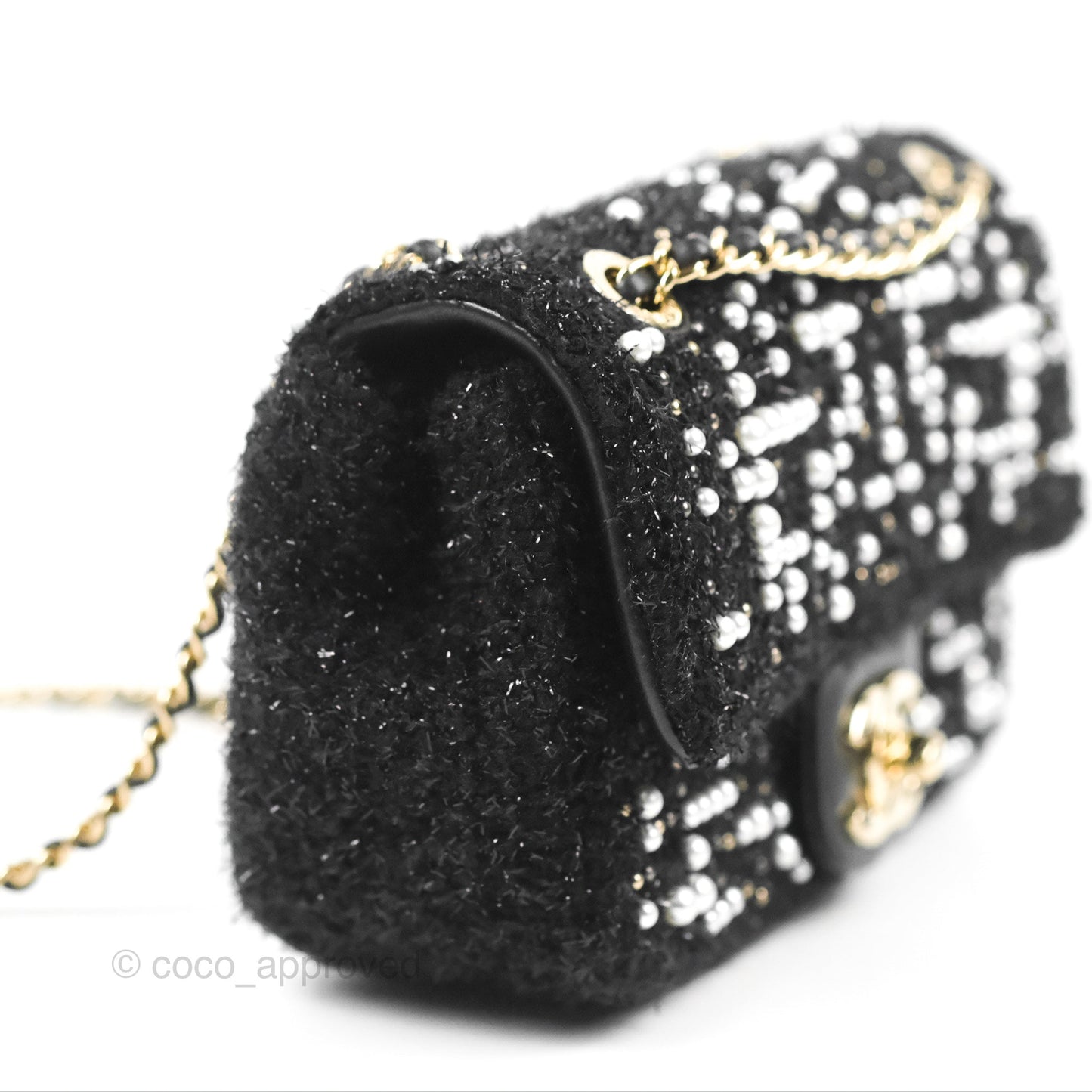 Chanel Black Faux Pearl Embellished Tweed Mini Cosmos Flap Bag