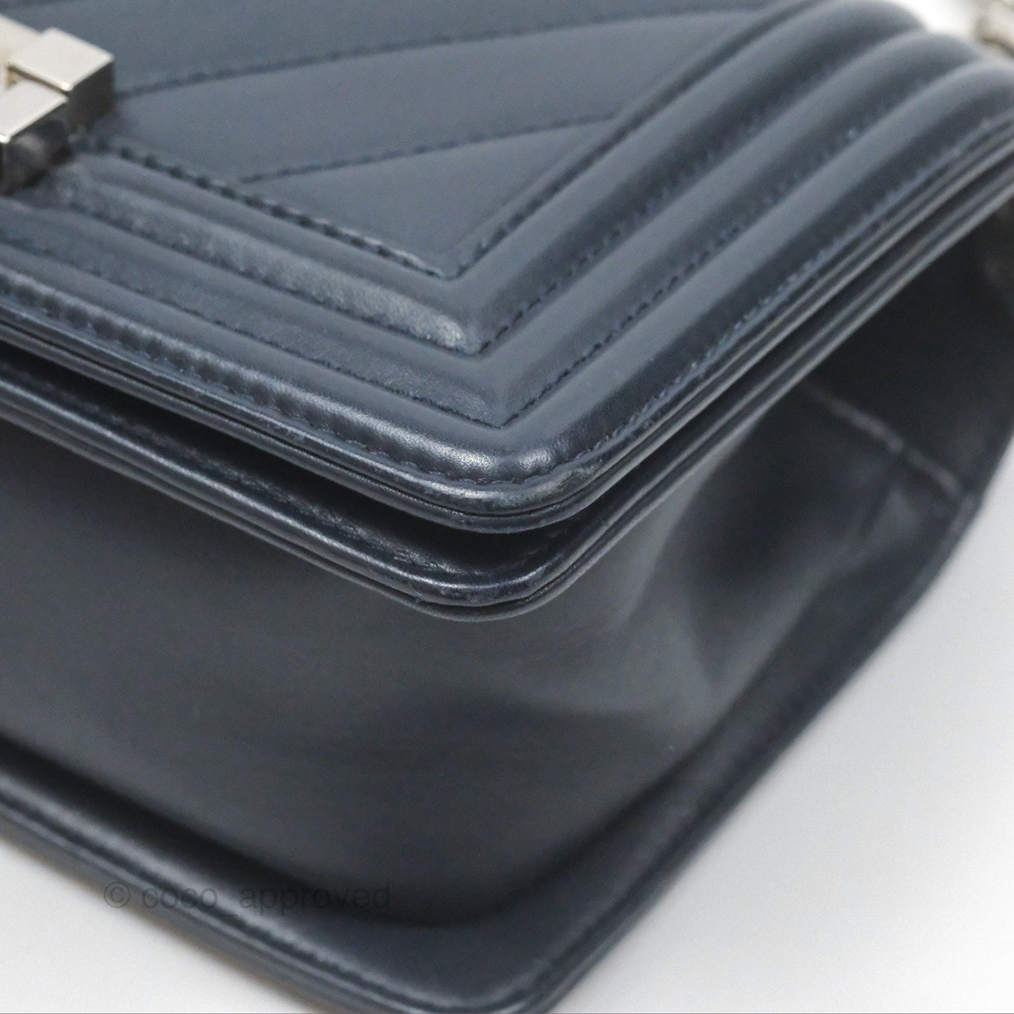Chanel Small Chevron Boy Navy Calfskin Silver Hardware