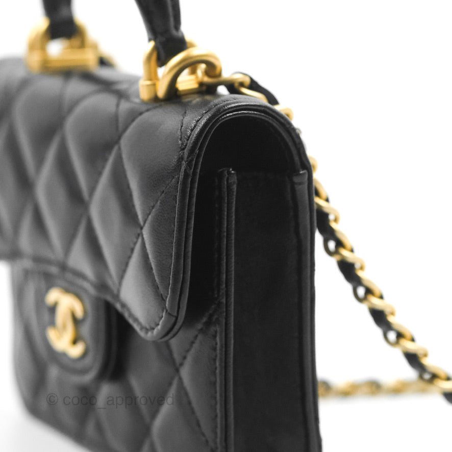 Chanel Mini Handle Flap Coin Purse With Chain Black Lambskin Gold Hardware