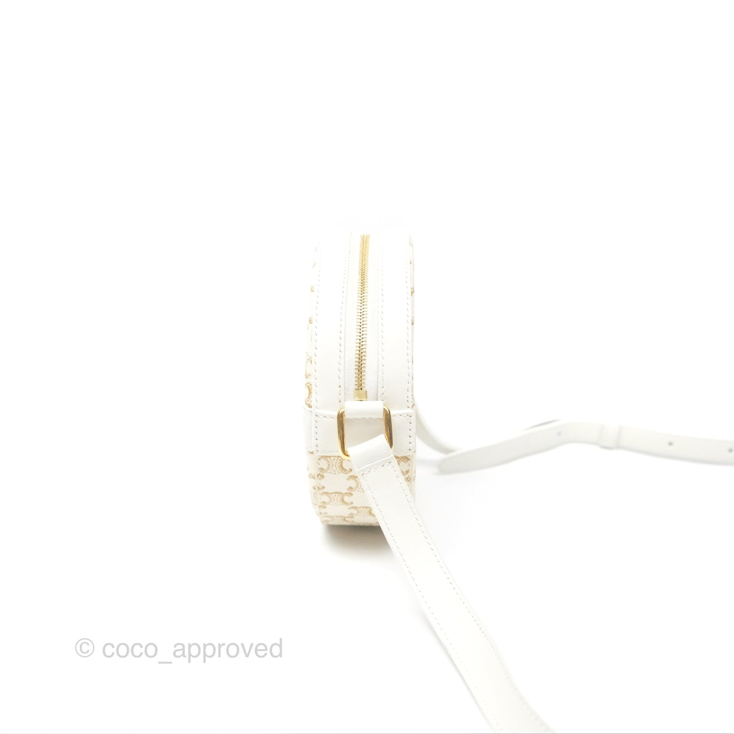Celine Round Purse on Strap Triomphe Canvas White Calfskin