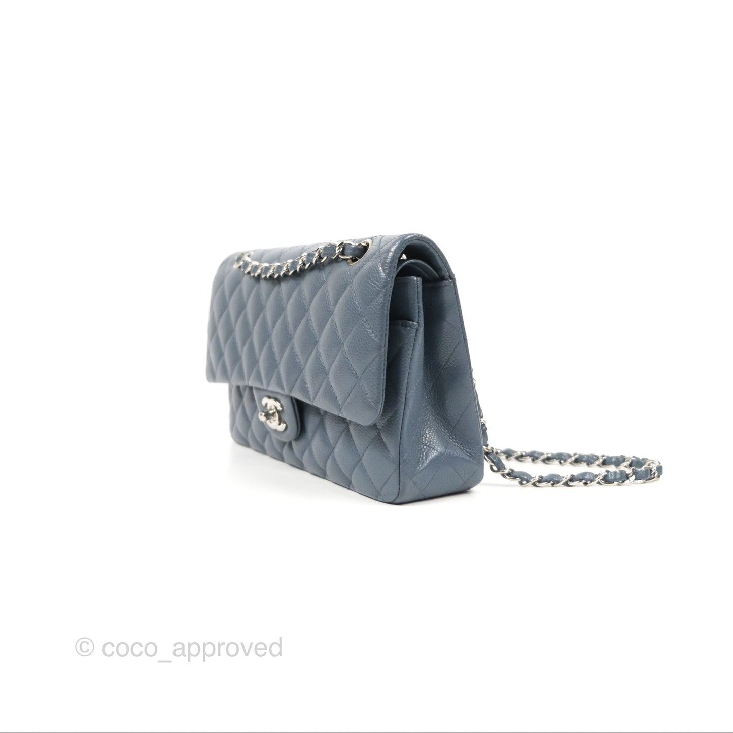 Chanel Classic Double Flap Quilted M/L Blue Caviar Silver Hardware