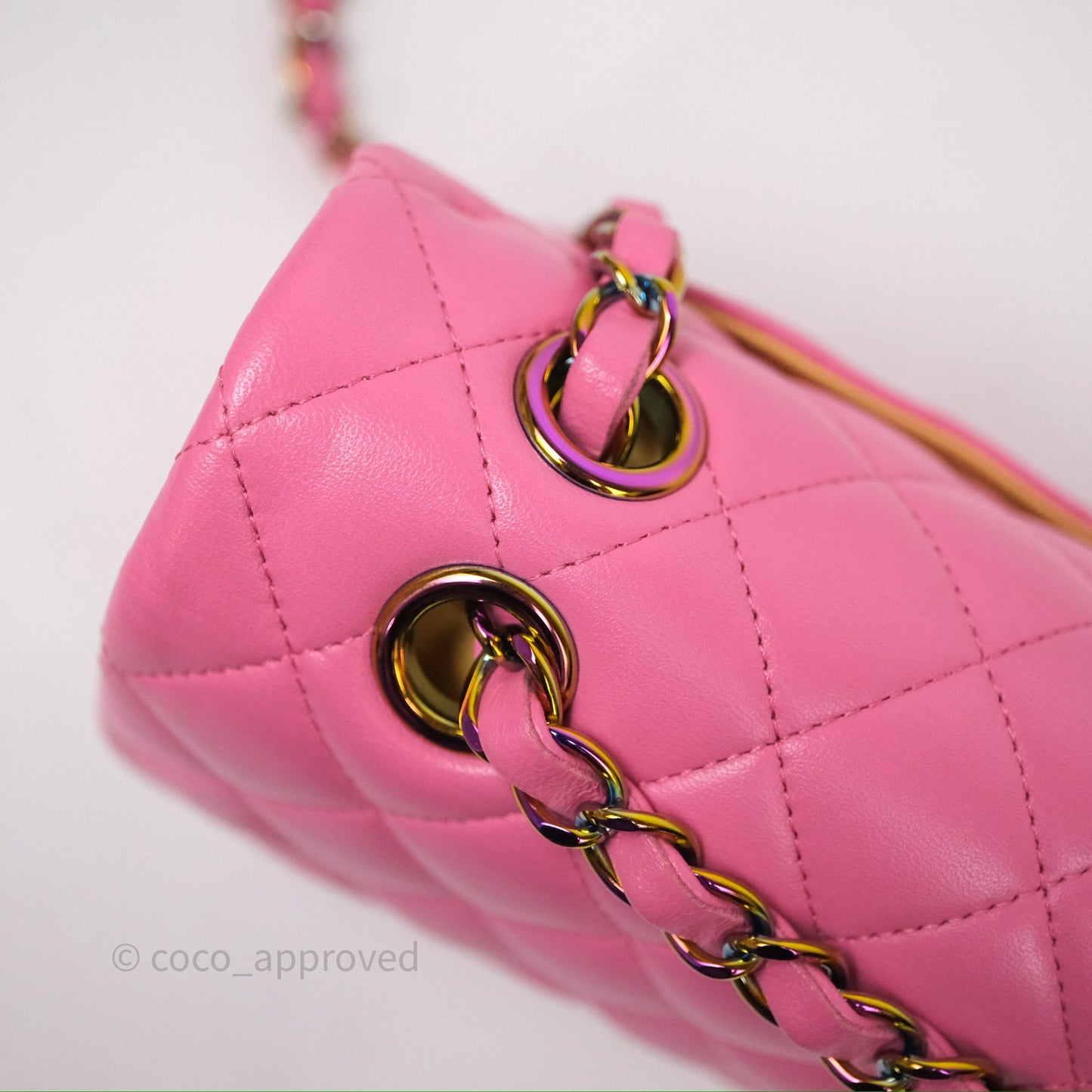 Chanel Small Classic Flap Quilted Pink Lambskin Rainbow Hardware
