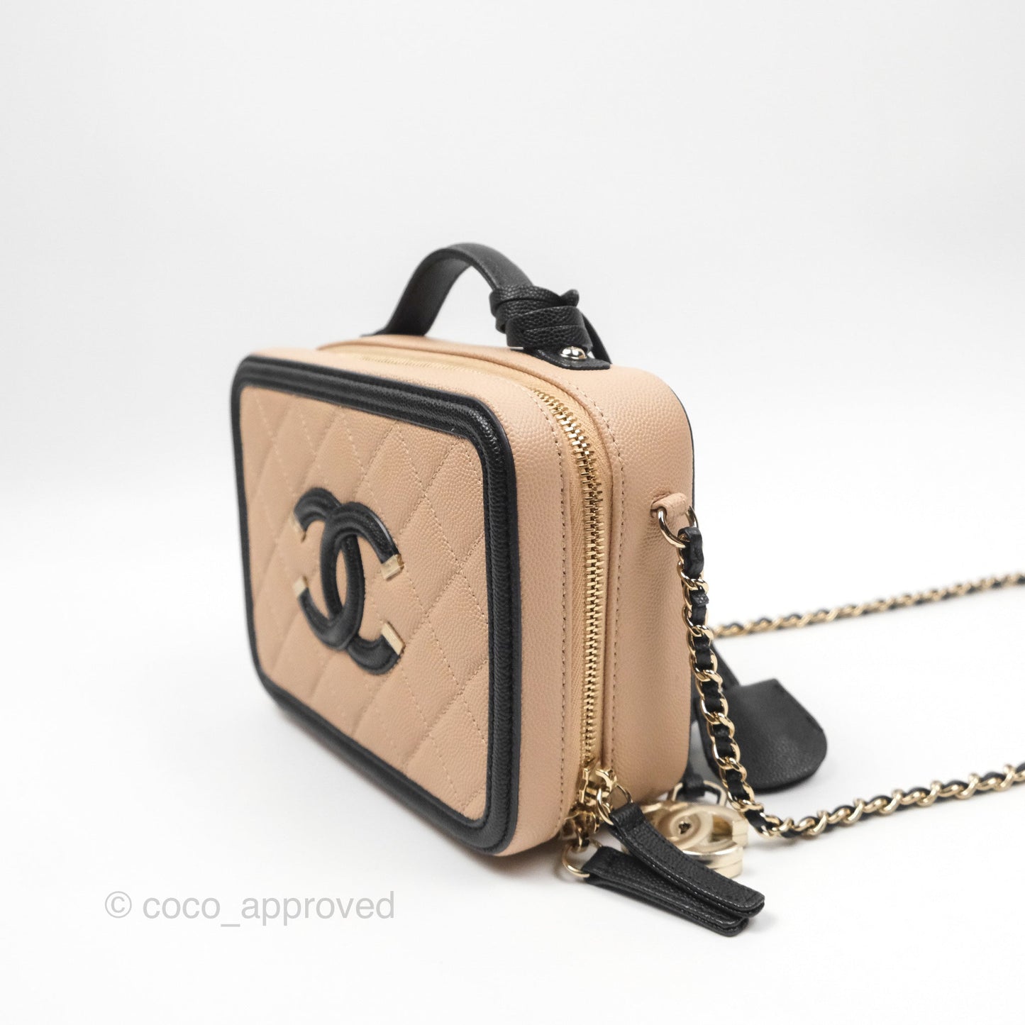 Chanel Quilted New Small CC Filigree Vanity Case Beige Caviar Gold Hardware