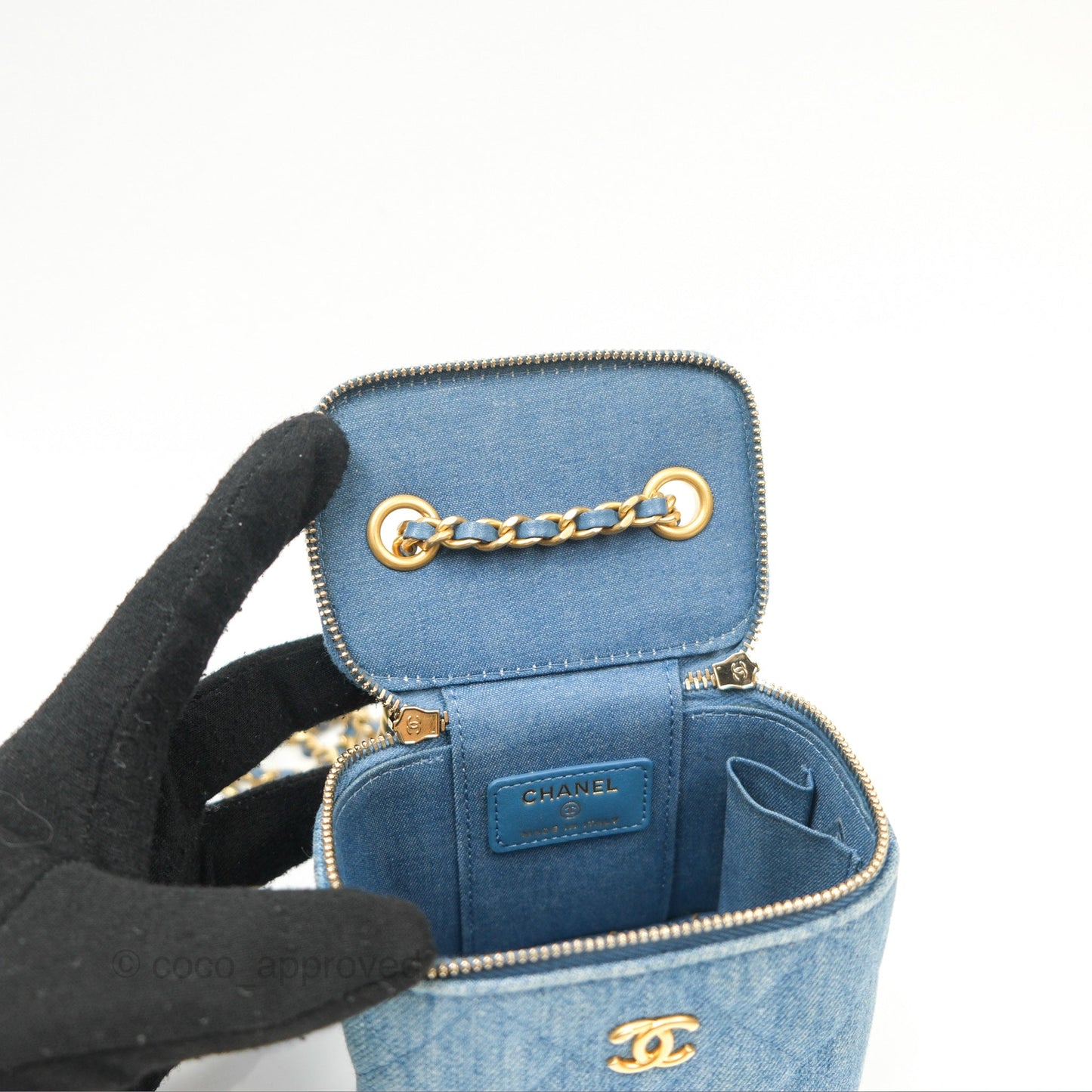 Chanel Mini Pearl Crush Vanity With Chain Denim Aged Gold Hardware
