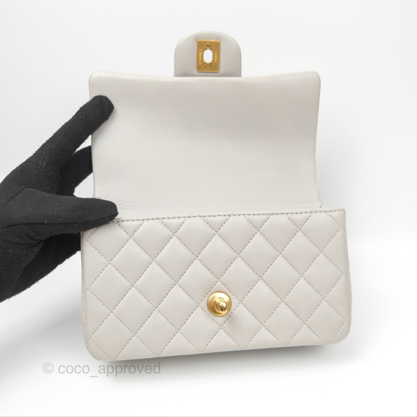 Chanel Top Handle Mini Rectangular Flap Bag Light Grey Lambskin Aged Gold Hardware