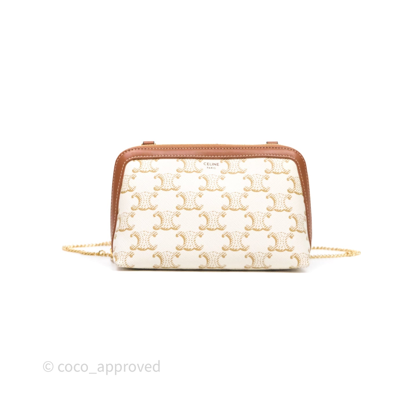 Celine Clutch With Chain Triomphe Canvas Lambskin White/Tan