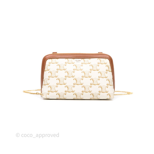 Celine Clutch With Chain Triomphe Canvas Lambskin White/Tan