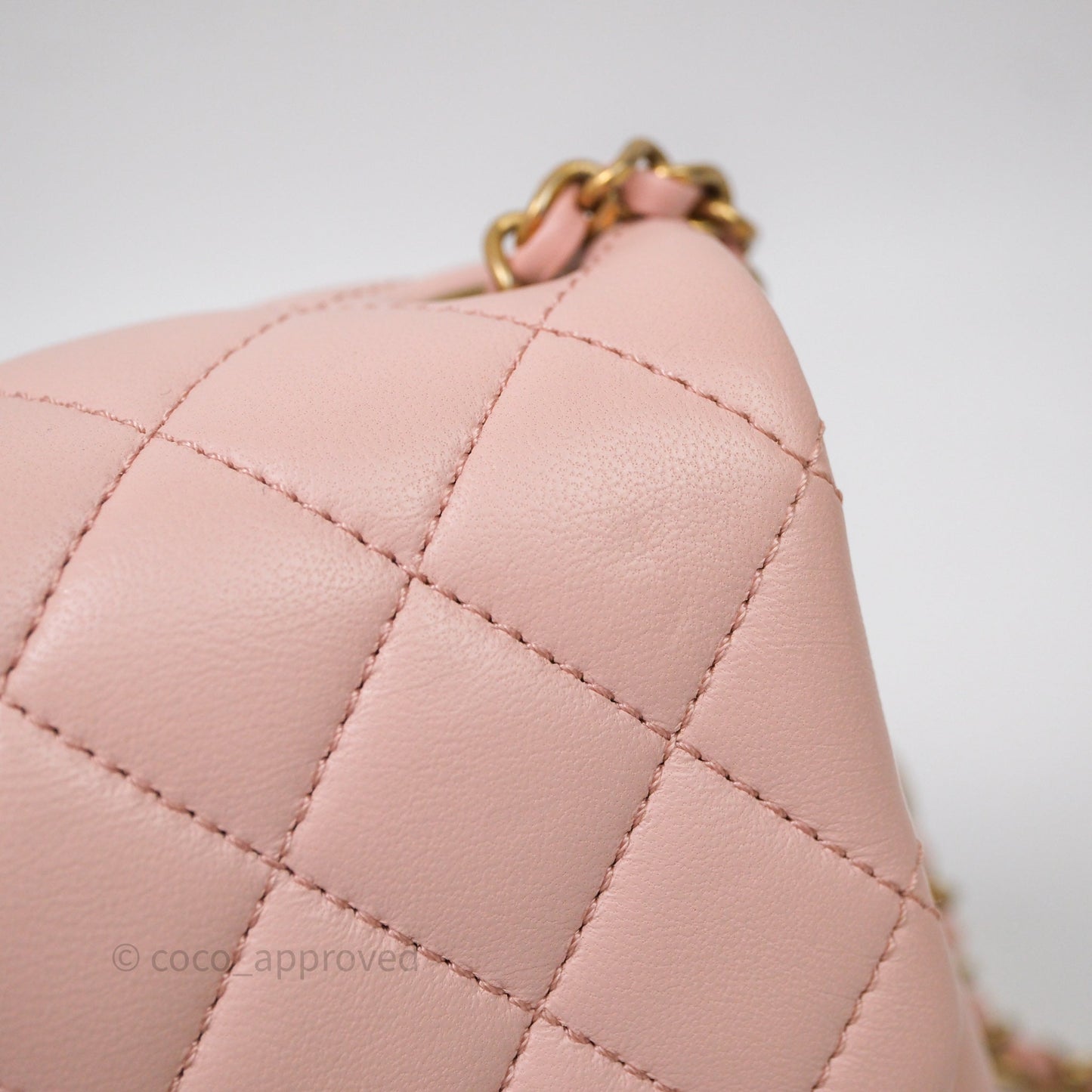 Chanel Pearl Crush Mini Square Quilted Pink Lambskin Aged Gold Hardware