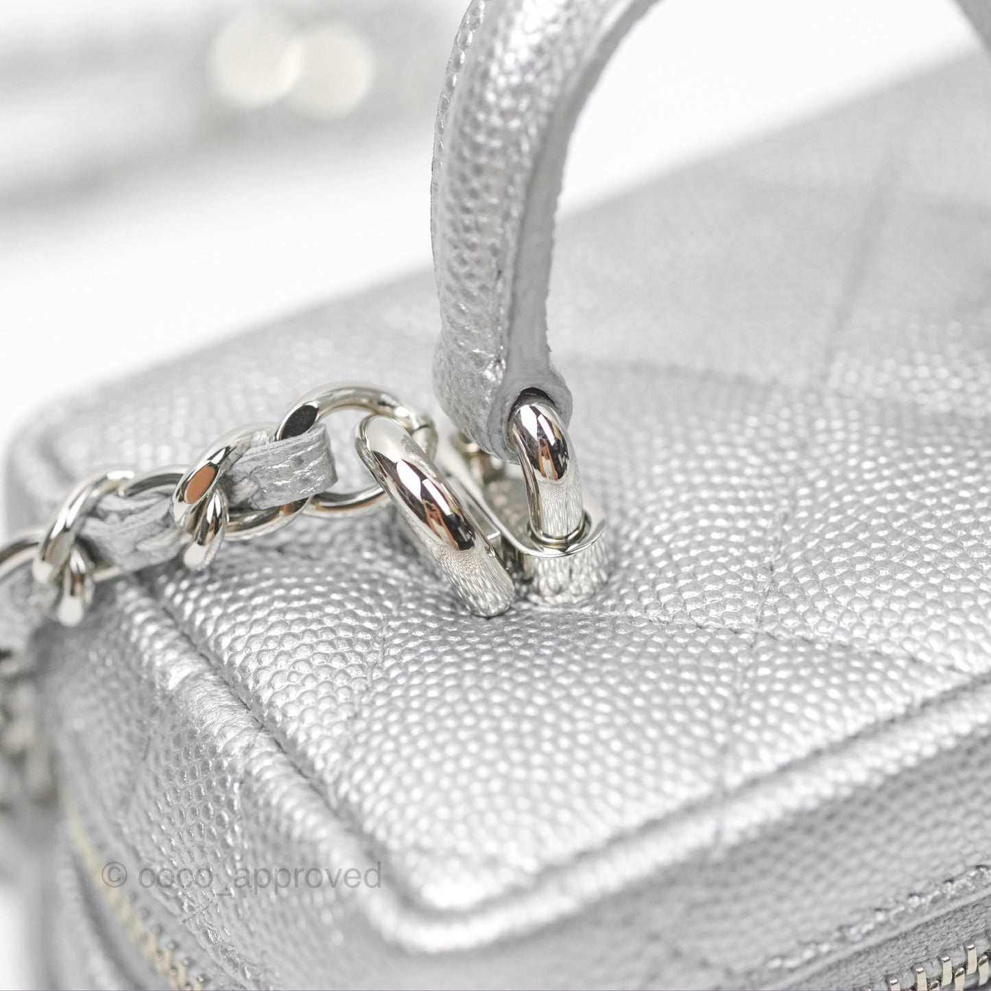 Chanel Quilted Mini Top Handle Vanity With Chain Metallic Silver Caviar Silver Hardware