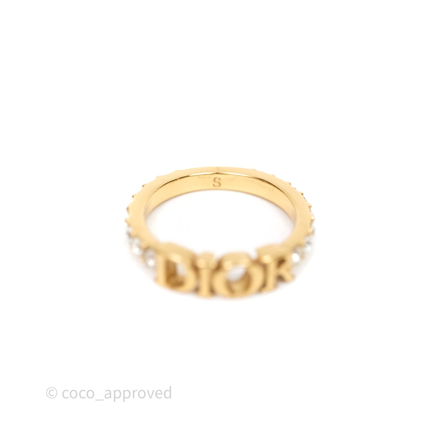 Christian Dior Crystal Logo Ring Gold Tone Size S