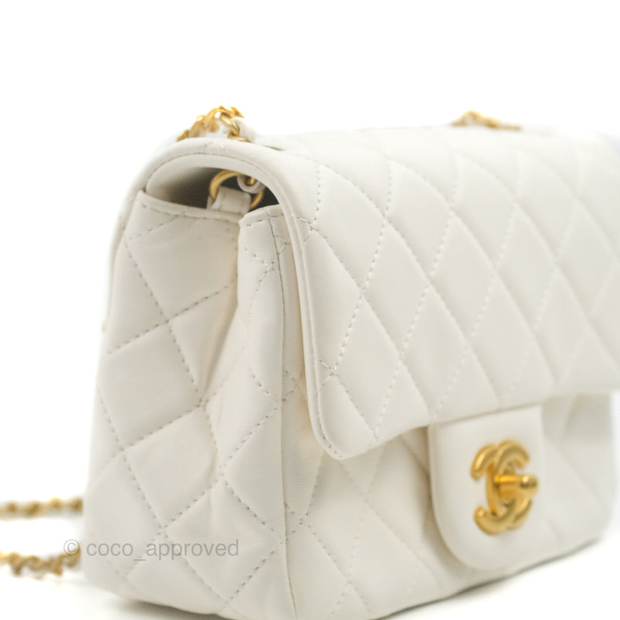 Chanel Mini Square Pearl Crush Quilted White Lambskin Aged Gold Hardware