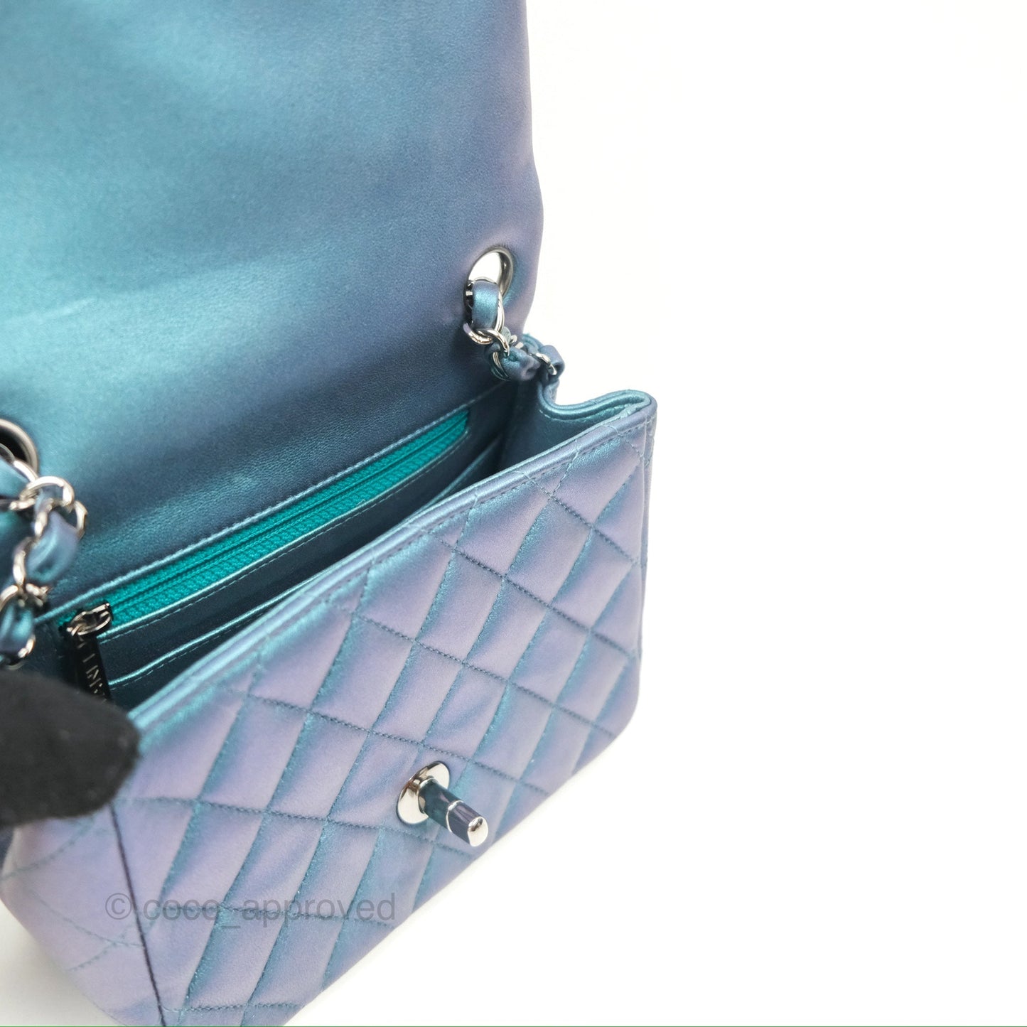 Chanel Mini Square Flap Quilted Iridescent Teal Lambskin Gun Metal