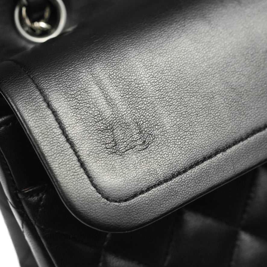 Chanel Classic M/L Medium Double Flap Black Lambskin Silver Hardware