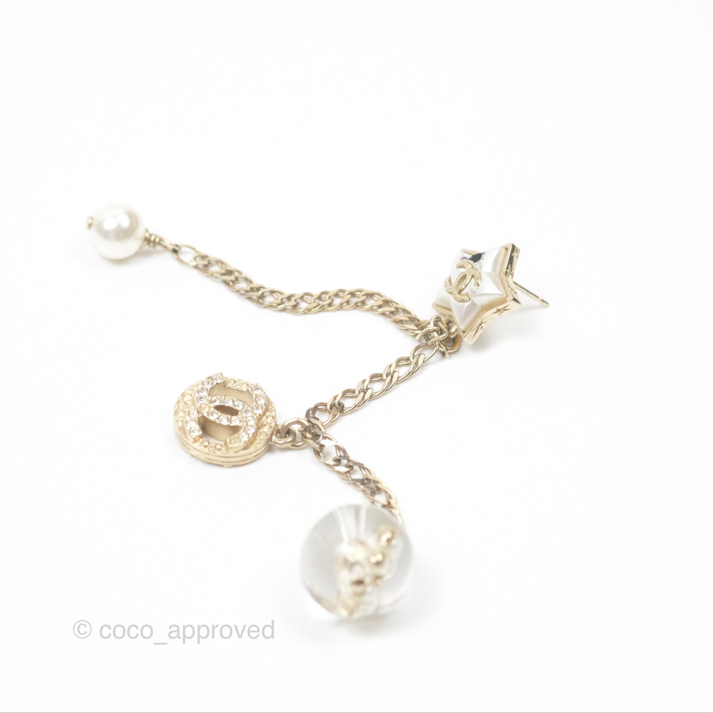 Chanel Star Crystal CC Pearl Ball Drop Earrings Gold Tone 19K