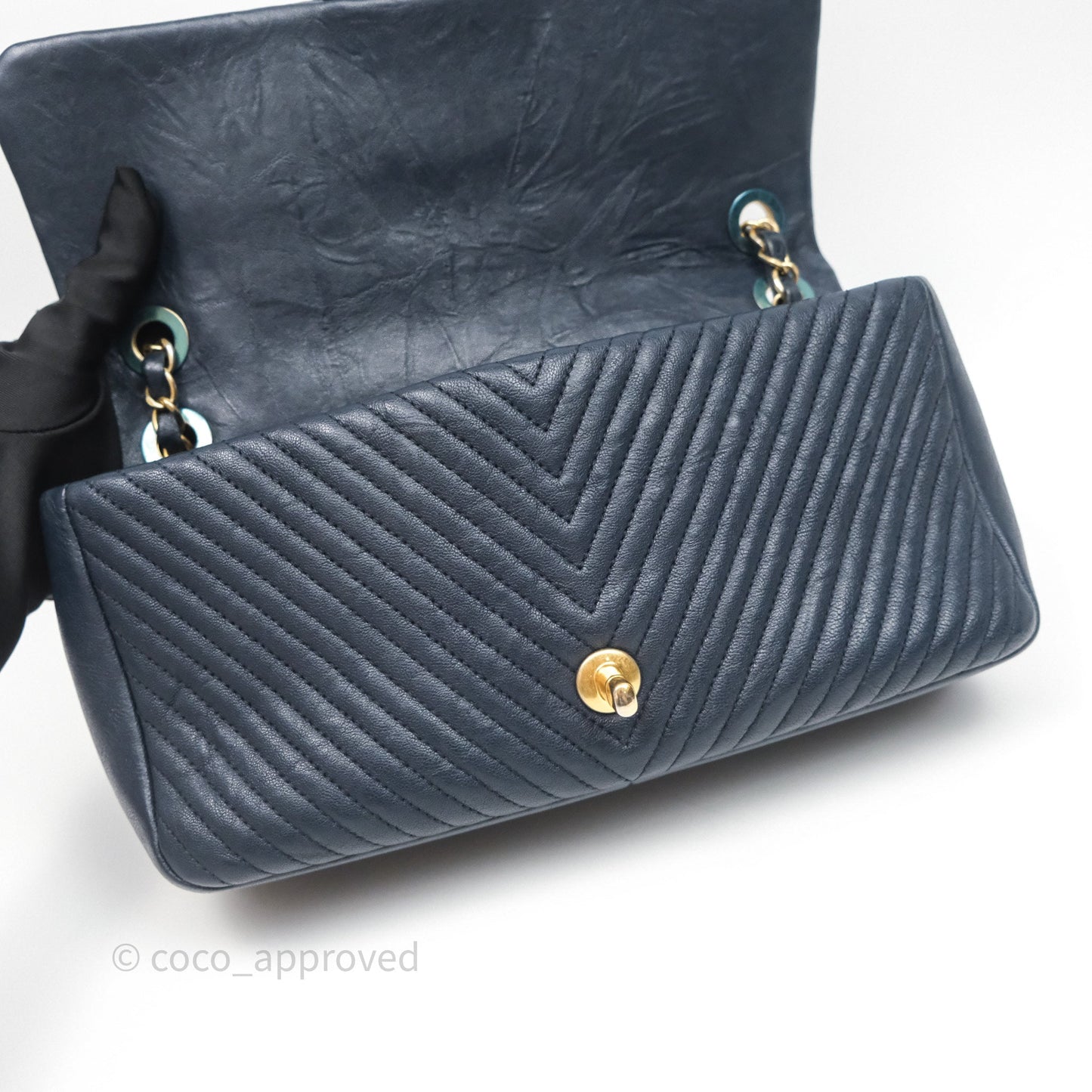 Chanel Medium Chevron Surpique Flap Navy Calfskin Aged Gold Hardware
