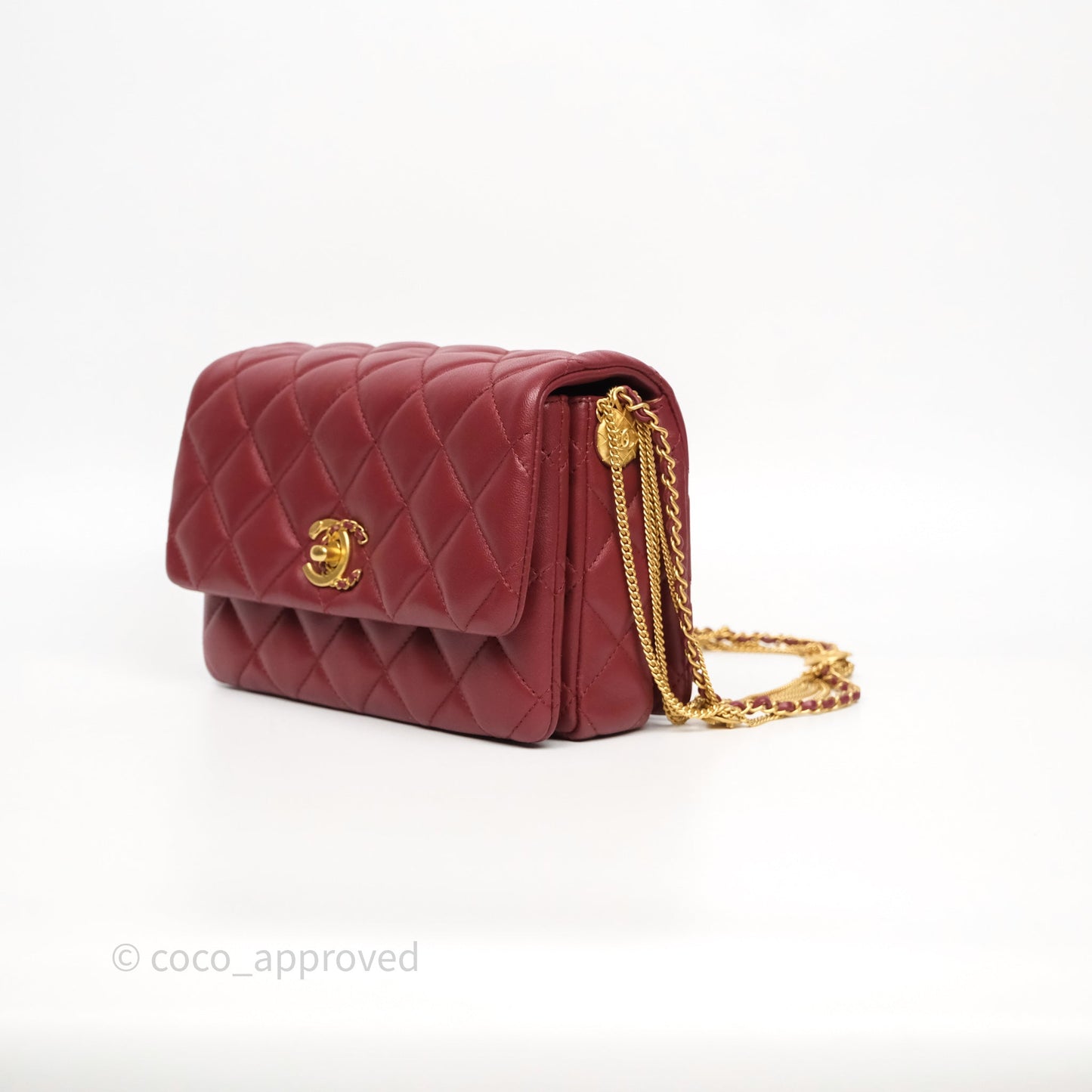 Chanel Quilted Accordion Flap Bag with Button on Chain Burgundy Lambskin Aged Gold Hardware 22A