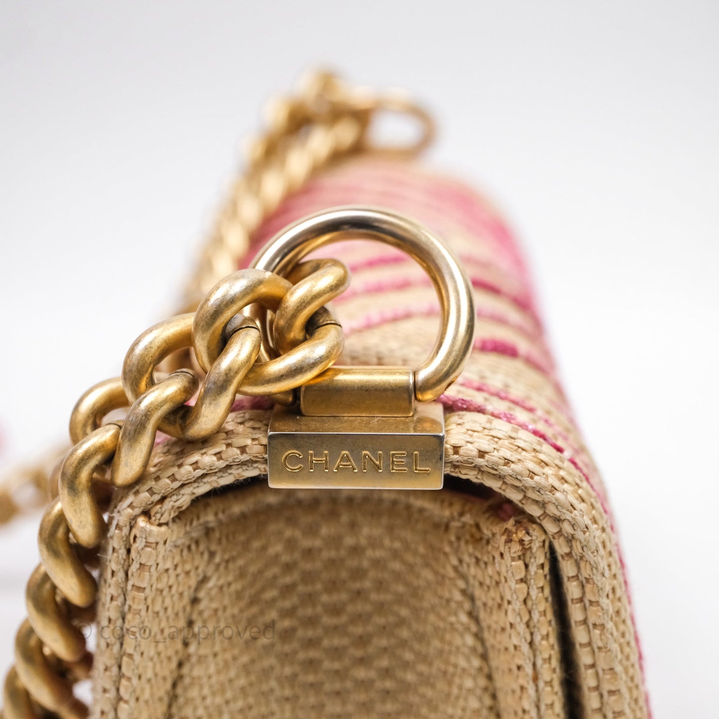 Chanel Small Boy Chevron Raffia Metallic Pink Aged Gold Hardware
