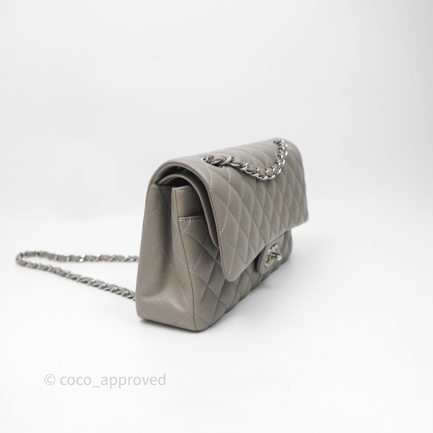 Chanel Classic M/L Medium Flap Quilted Grey Lambskin Silver Hardware
