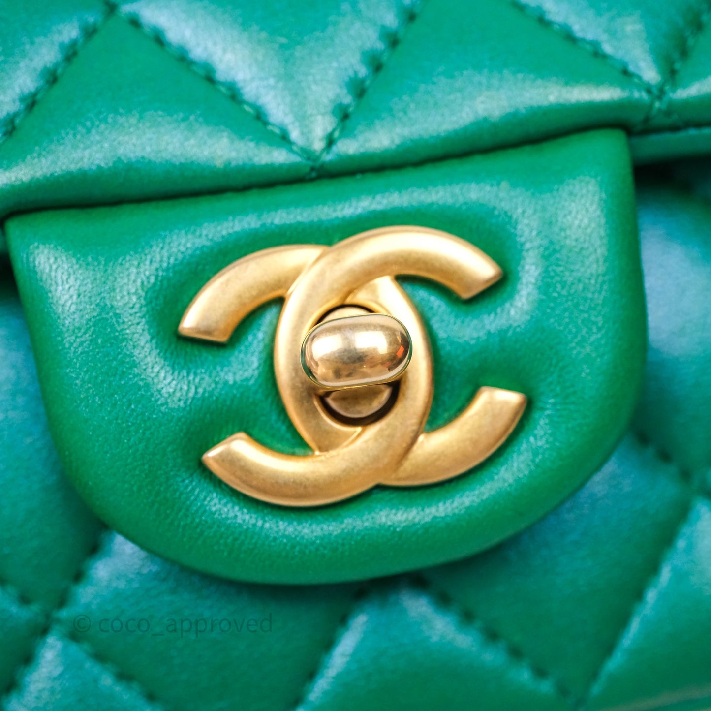 Chanel Top Handle Mini Rectangular Flap Bag Iridescent Green Lambskin Aged Gold Hardware