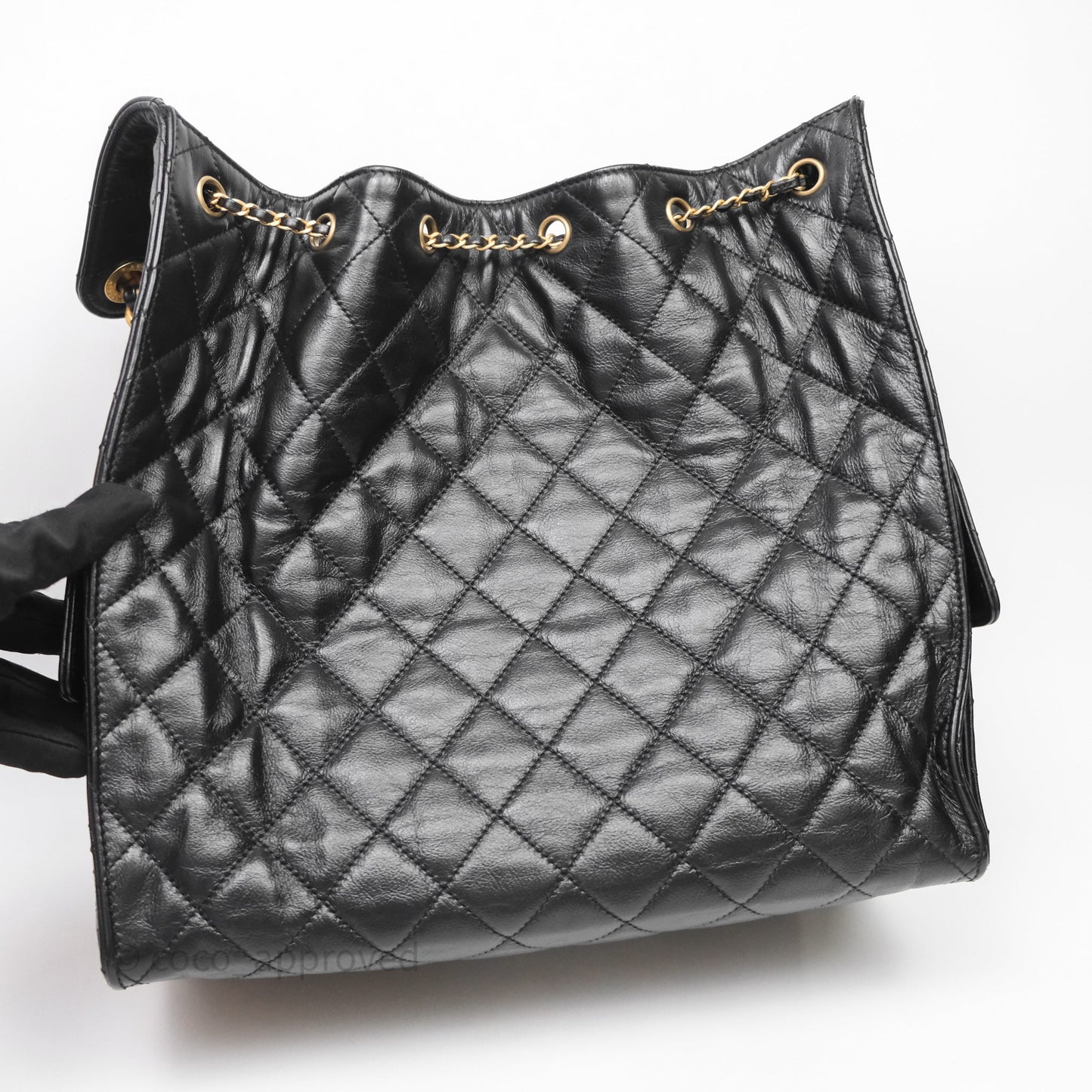 Chanel 25 Medium Black Crumpled Calfskin Aged Gold Hardware