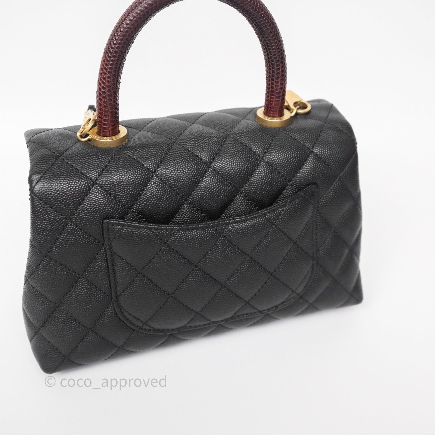 Chanel Small Coco Handle Black Caviar Gold Hardware Lizard Embossed Handle