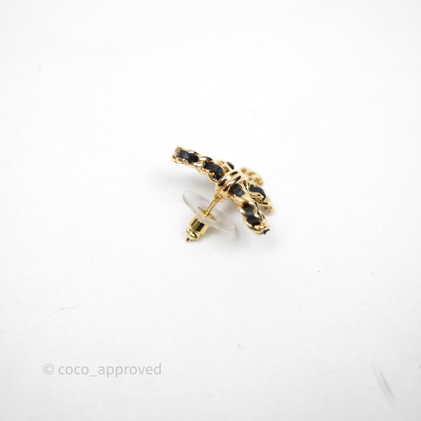 Chanel Lambskin Chain Bow Stud Earrings Black Gold Tone 24V