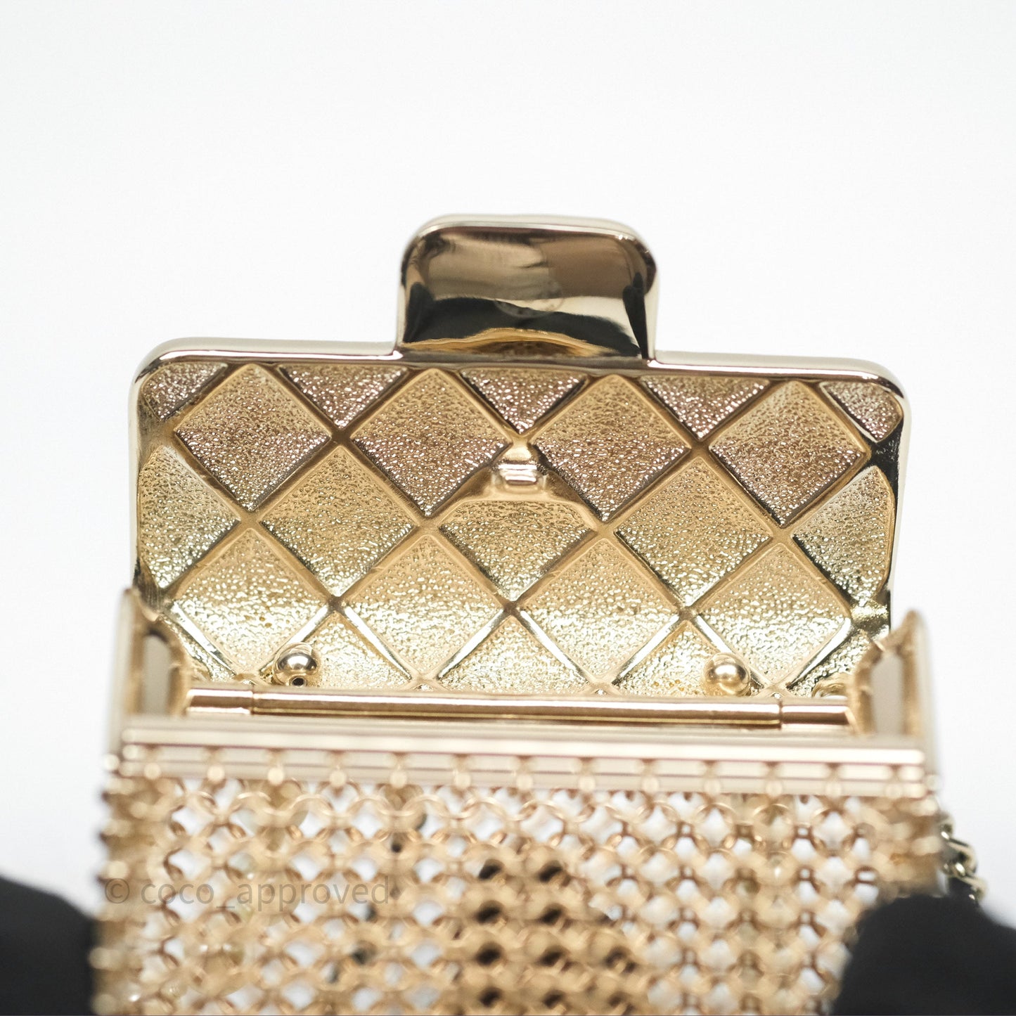 Chanel Flap Bag Charm Pearl Chain Black Leather Long Necklace Gold Tone 21S