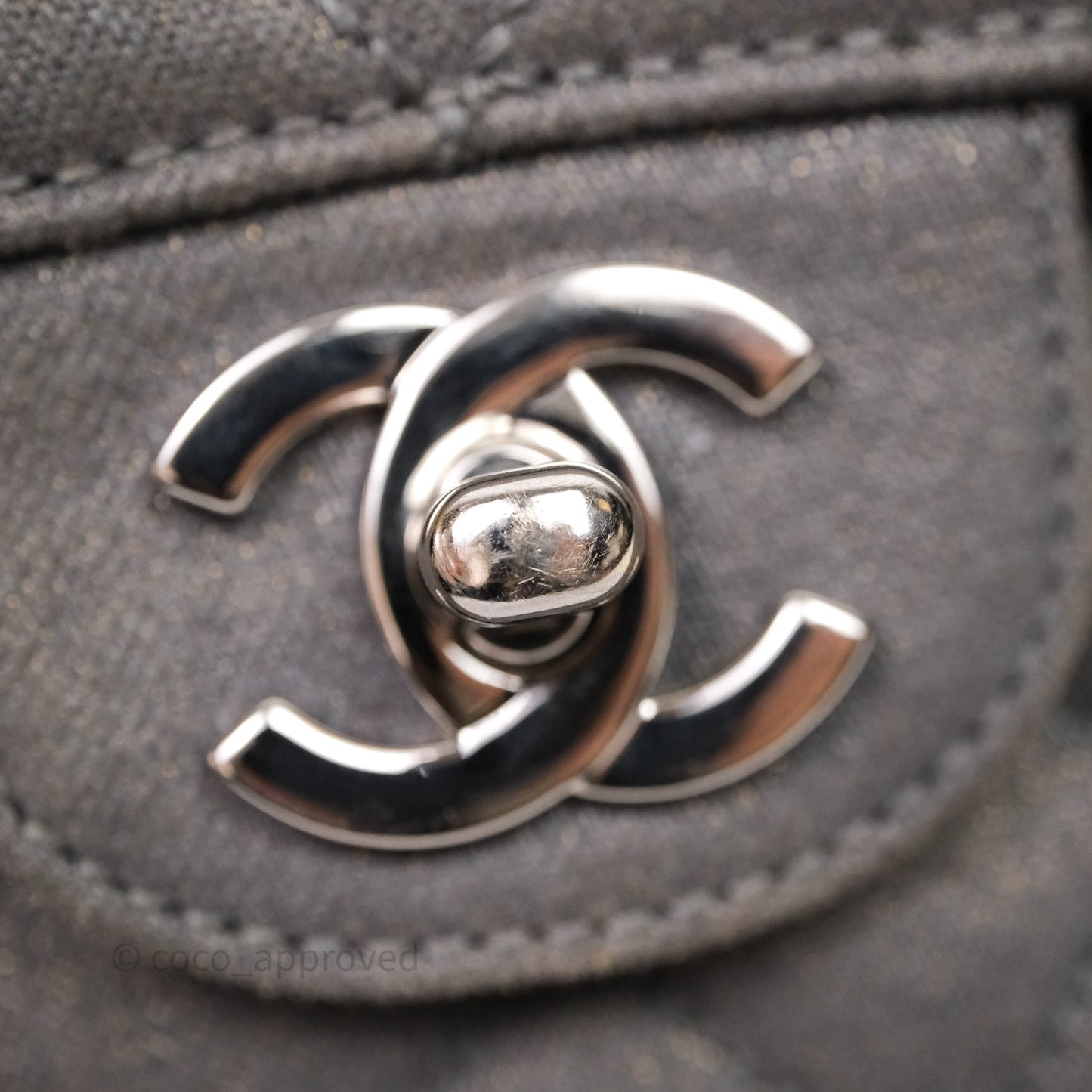 Chanel Classic M/L Medium Flap Quilted Iridescent Metallic Grey Canvas Silver Hardware