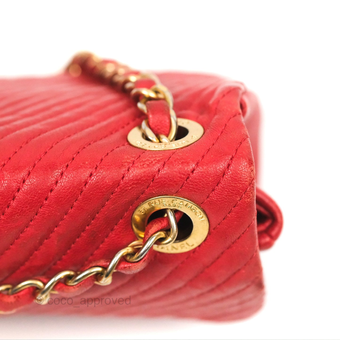 Chanel Small Chevron Surpique Flap Red Calfskin Aged Gold Hardware