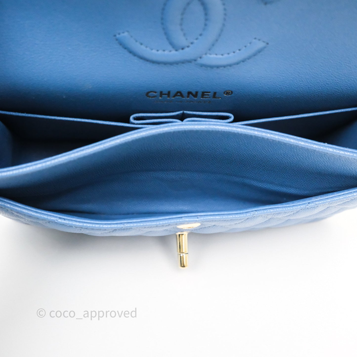 Chanel Small Classic Quilted Flap Blue Caviar Gold Hardware