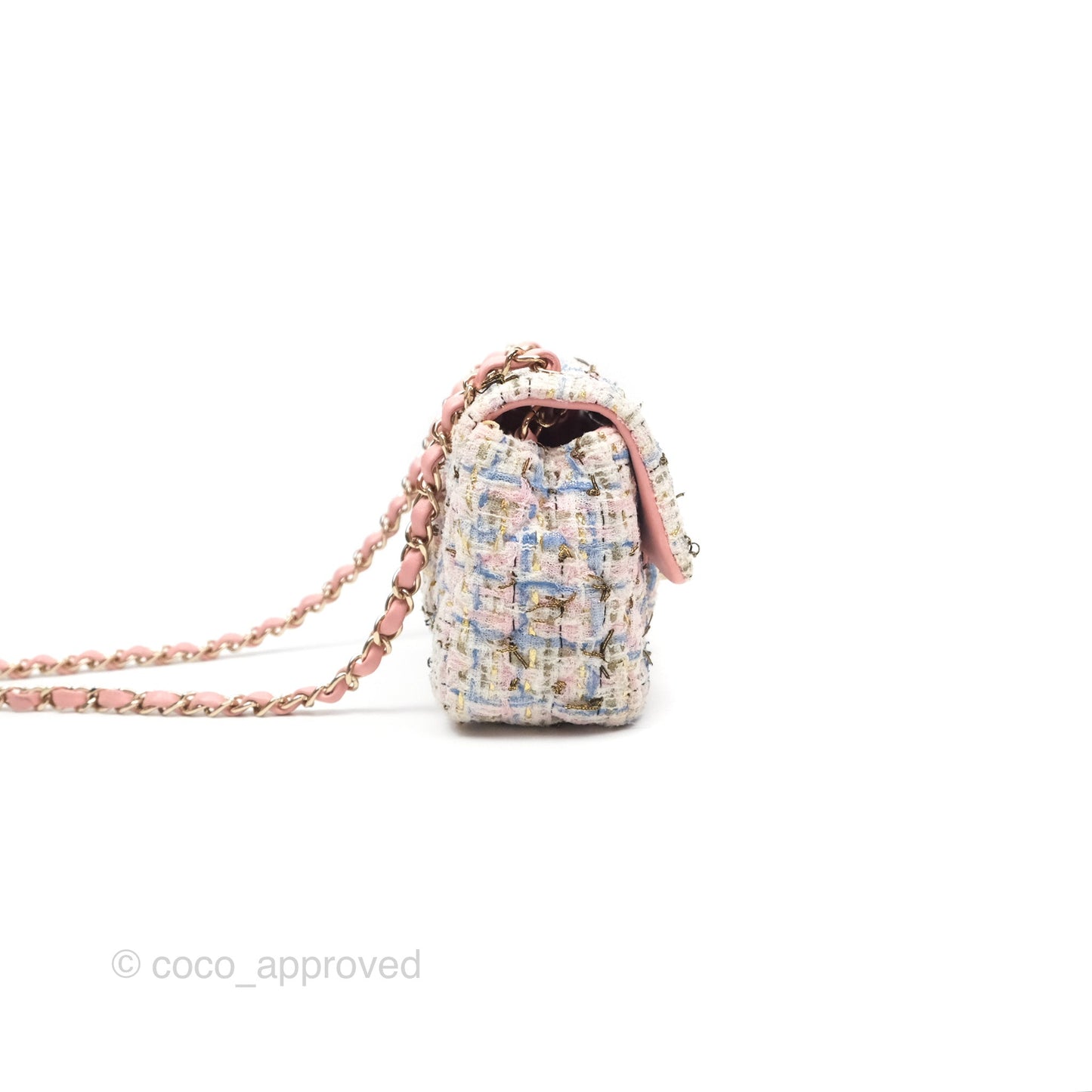 Chanel Mini Rectangular Flap Pink/ Blue/ Gold Tweed Gold Hardware