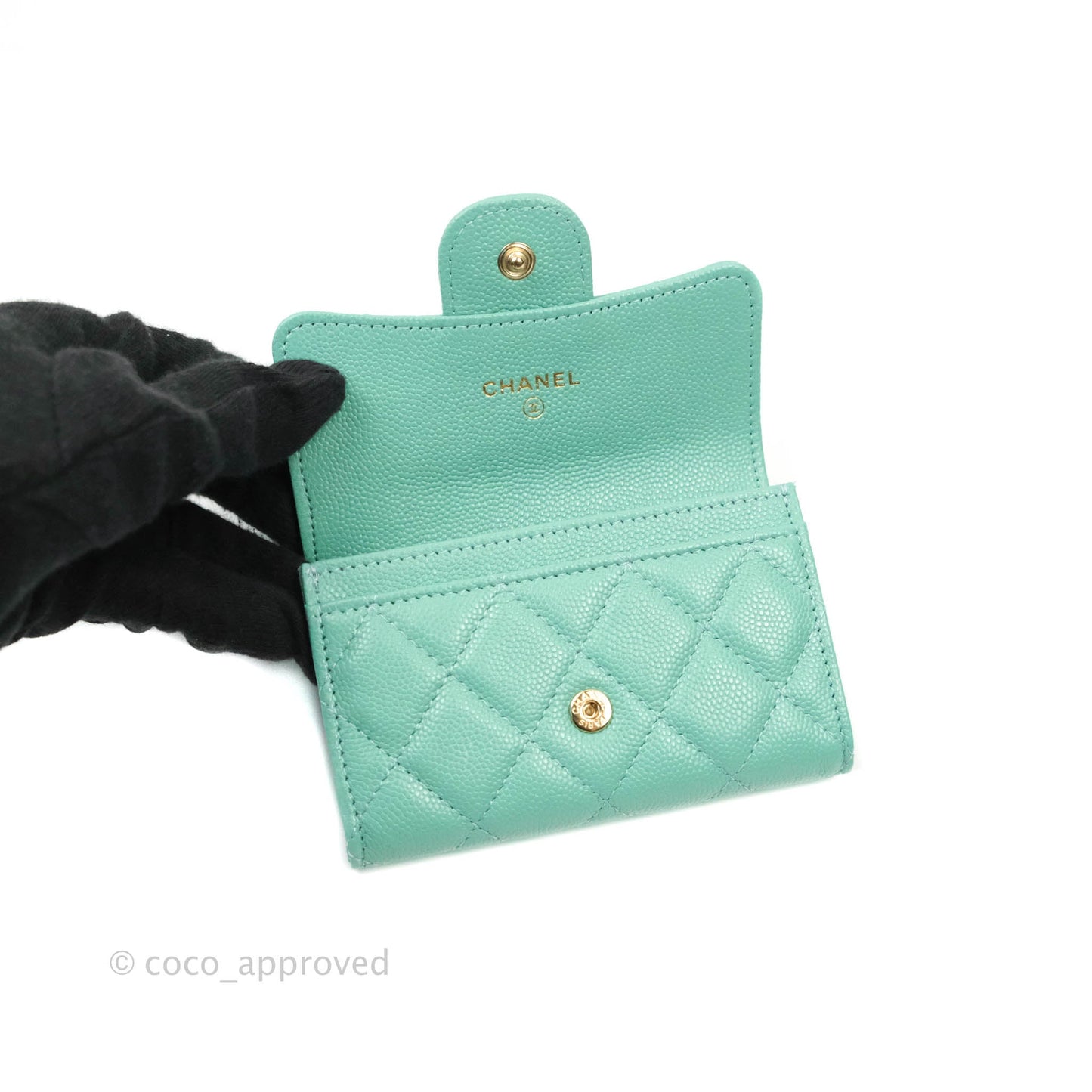 Chanel Quilted Flap Card Holder Caviar Mint Gold Hardware