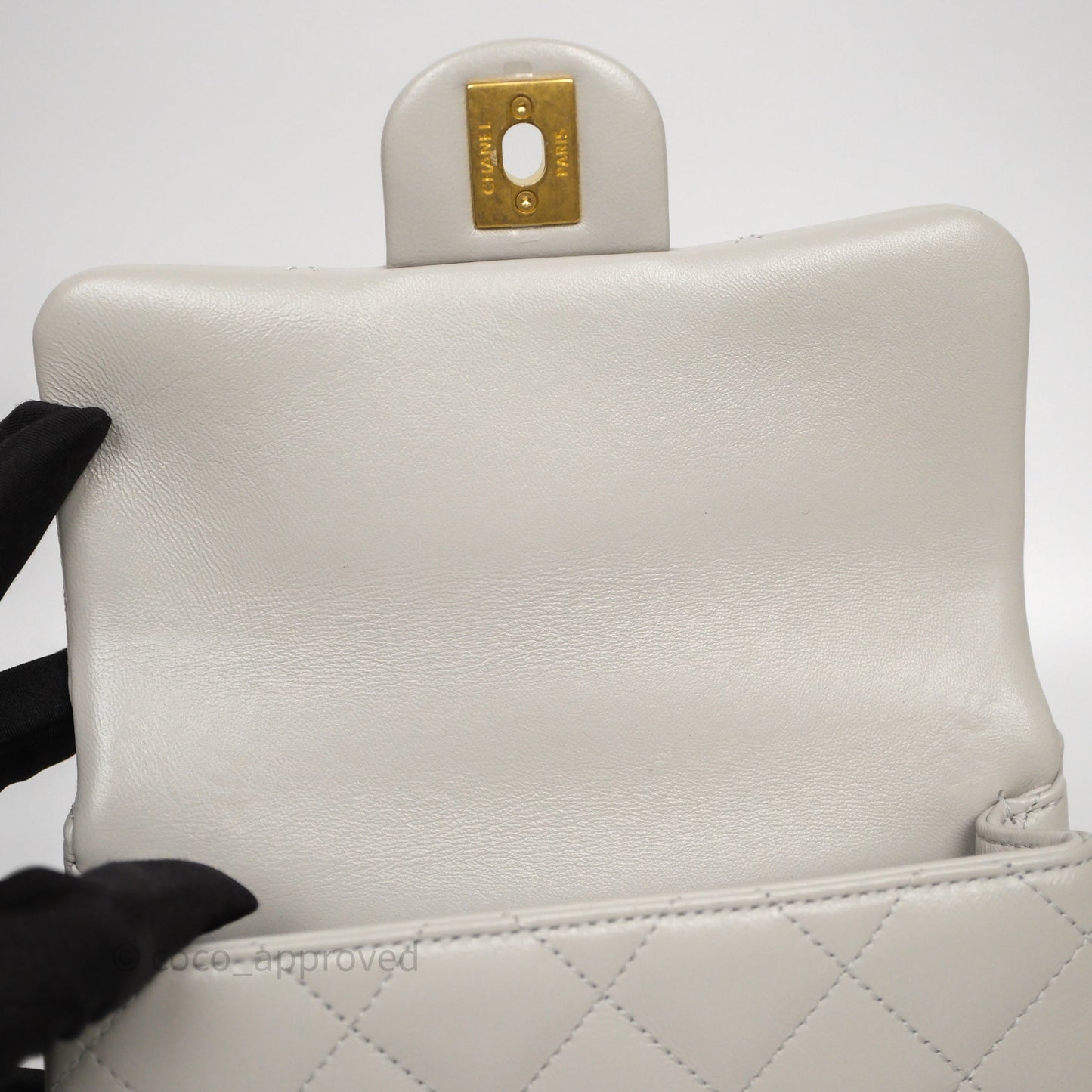Chanel Heart Crush Mini Flap Bag Light Grey Lambskin Aged Gold Hardware 24P