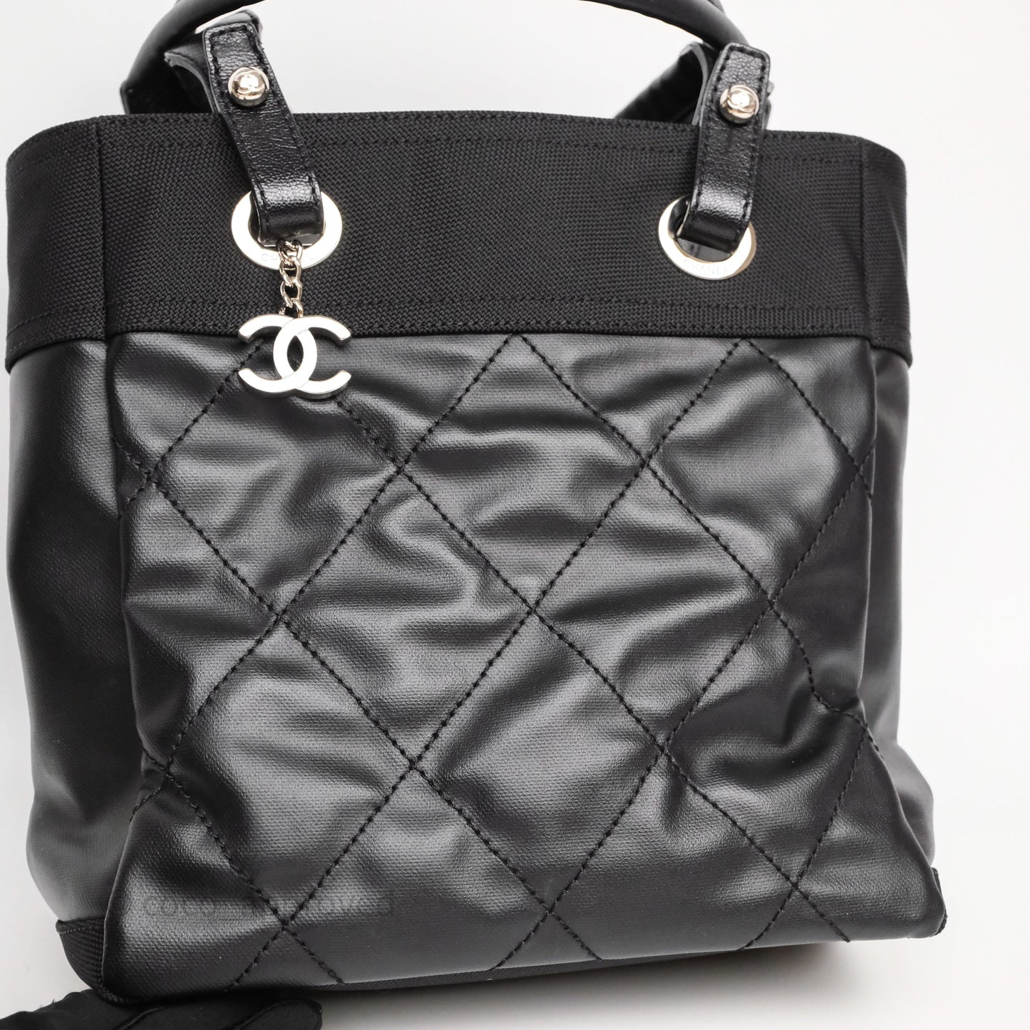 Chanel Quilted Paris Biarritz Tote PM Black Coated Canvas