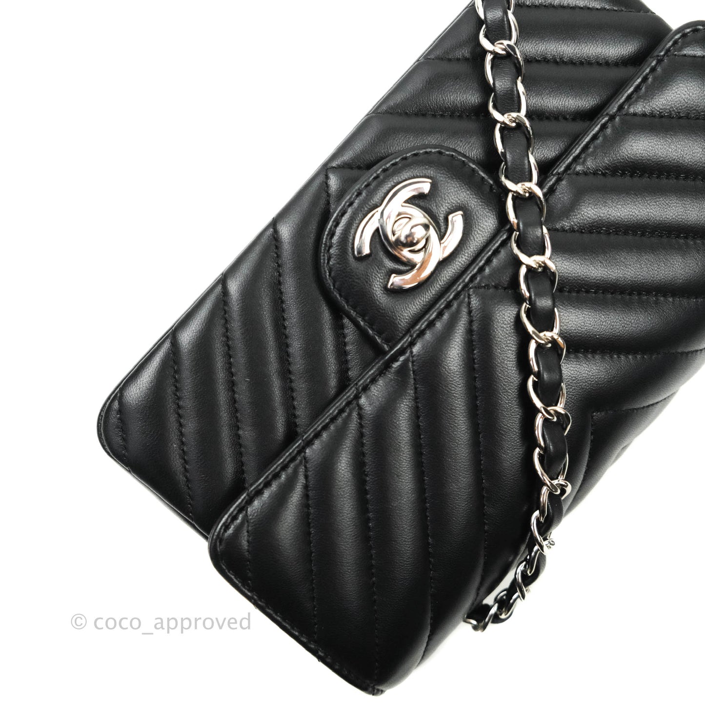 Chanel Classic Chevron Mini Rectangular Flap Black Lambskin Silver Hardware