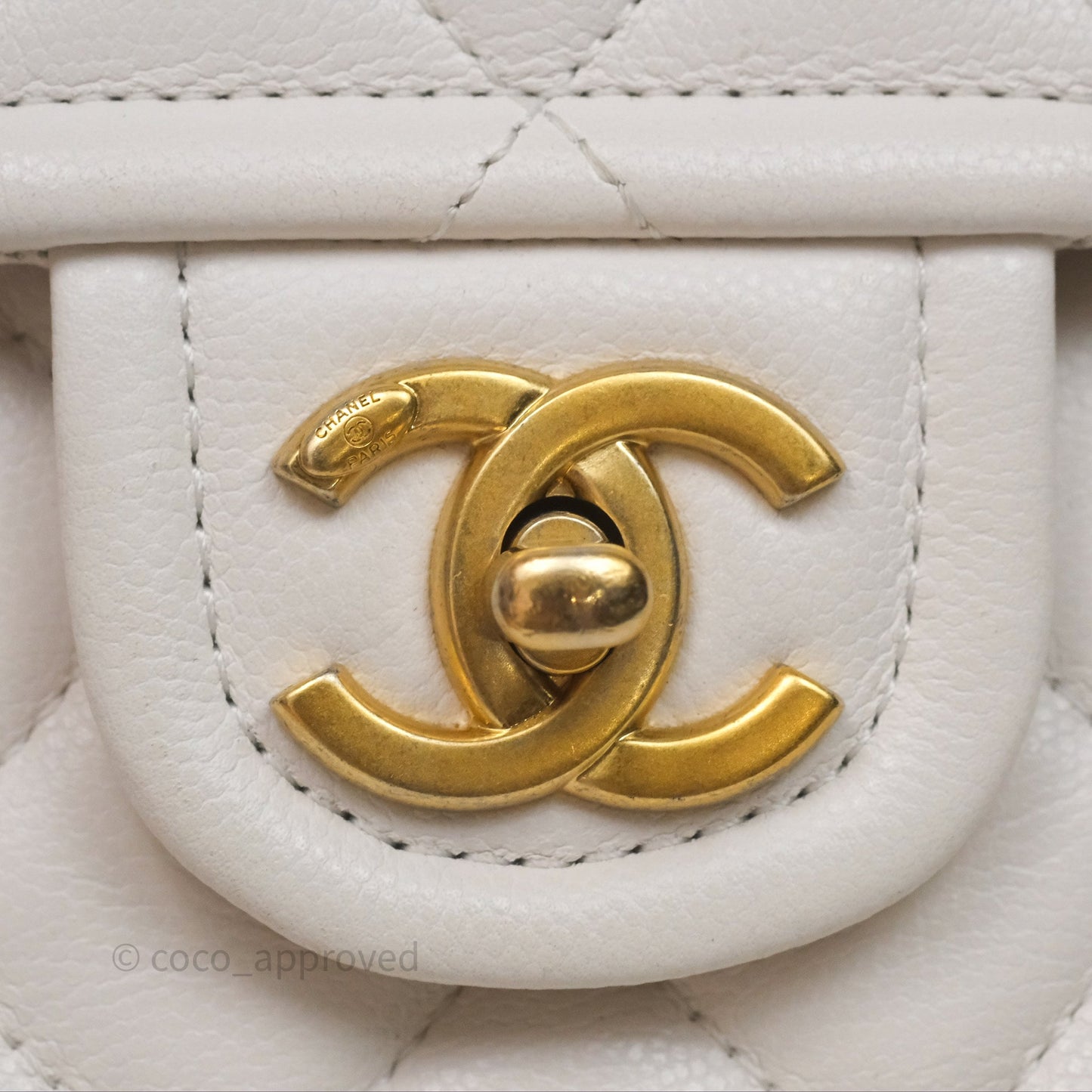 Chanel Large Quilted Sweet Classic Flap White Caviar Aged Gold Hardware