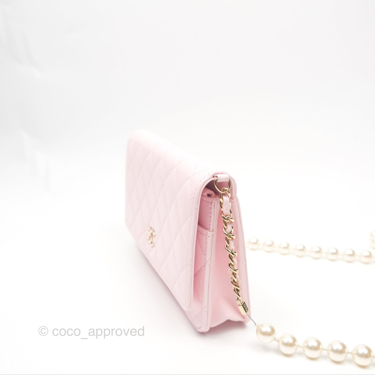 Chanel Wallet On Chain WOC Pearl Chain Iridescent Light Pink Lambskin Gold Hardware