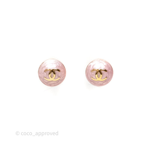 Chanel CC Pink Round Earrings Gold Tone 26C